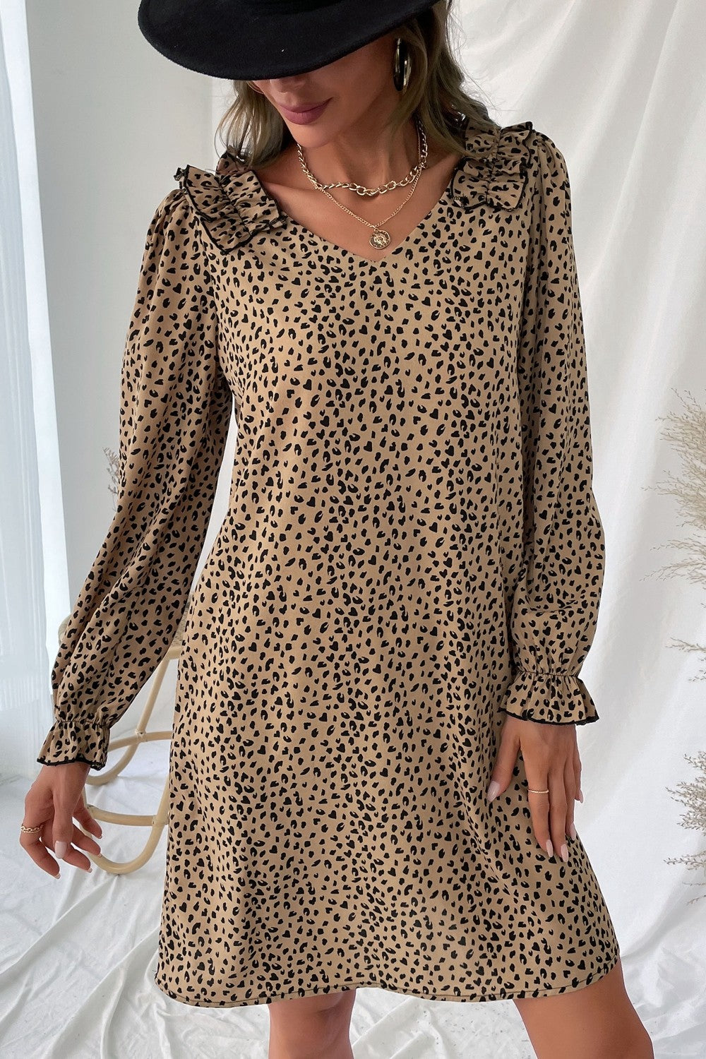 Leopard Frill Trim V-Neck Dress