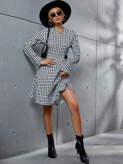 Houndstooth Long Sleeve Round Neck Dress