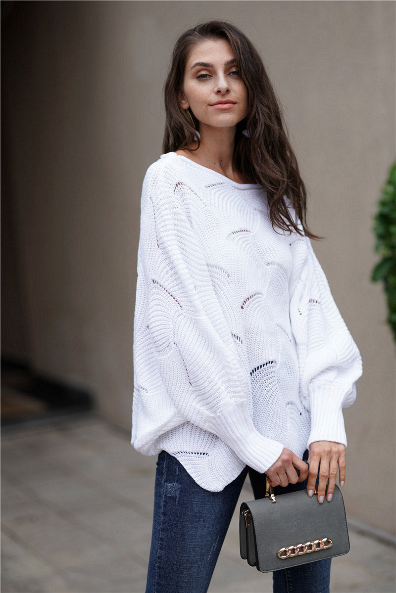Openwork Boat Neck Sweater with Scalloped Hem
