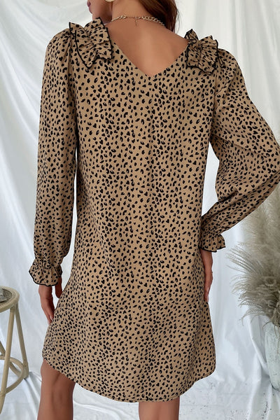 Leopard Frill Trim V-Neck Dress