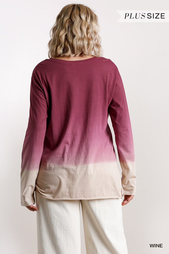 Ombre Print Long Sleeve Top With Gathered Front Detail And Raw Hem