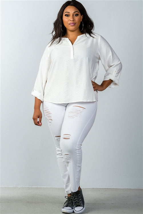 Plus Size Oatmeal Stand-up Collar Roll Tab Sleeve Blouse