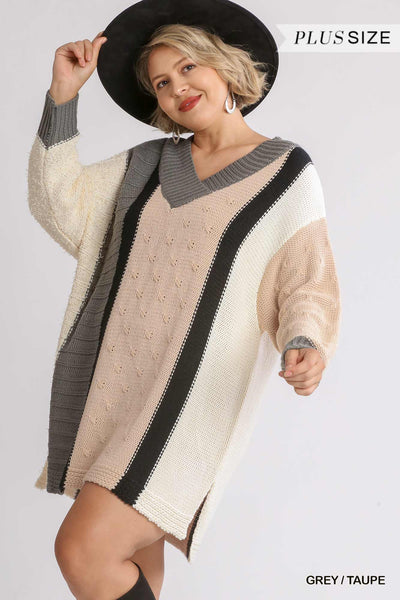 Oversized Multicolor Bouclé V-neck Pullover Sweater Dress With Side Slit