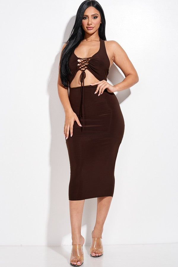 Solid Halter Neck Midi Dress With Criss Cross Front And Cutout