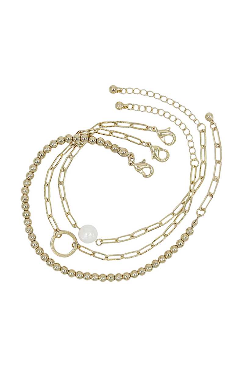 Metal Chain Pearl Bracelet 3 Pc Set