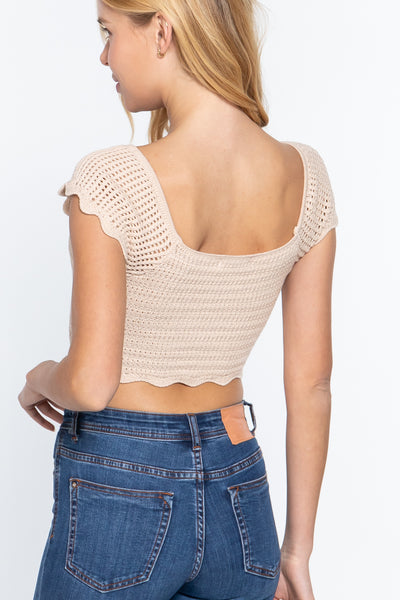 Short Sleeve V-neck Front Knot Detail Sweater Knit Crop Top
