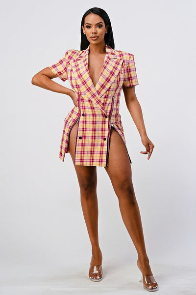 Wide Collared Double Breasted Plaid Blazer Mini Dress