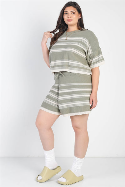 Plus Olive Striped Knit Short Sleeve Crop Top High Waist Shorts Set
