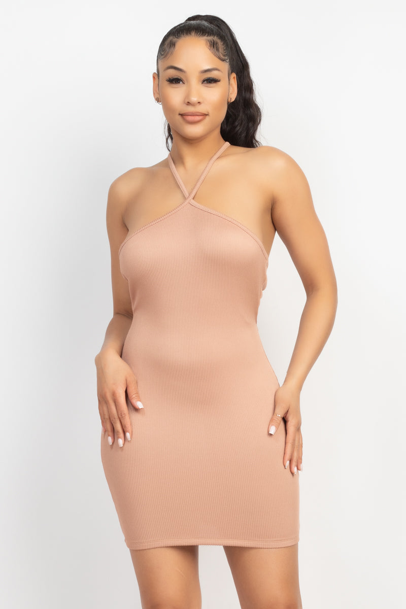 Halter Neck Ribbed Seamless Cut-out Dress