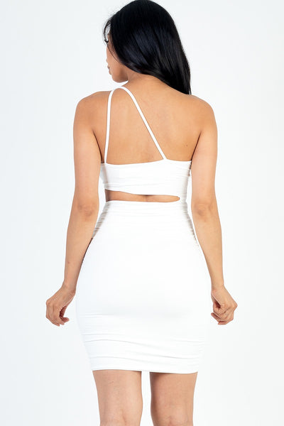 One Shoulder Cut-out Front Ruched Bodycon Mini Dress