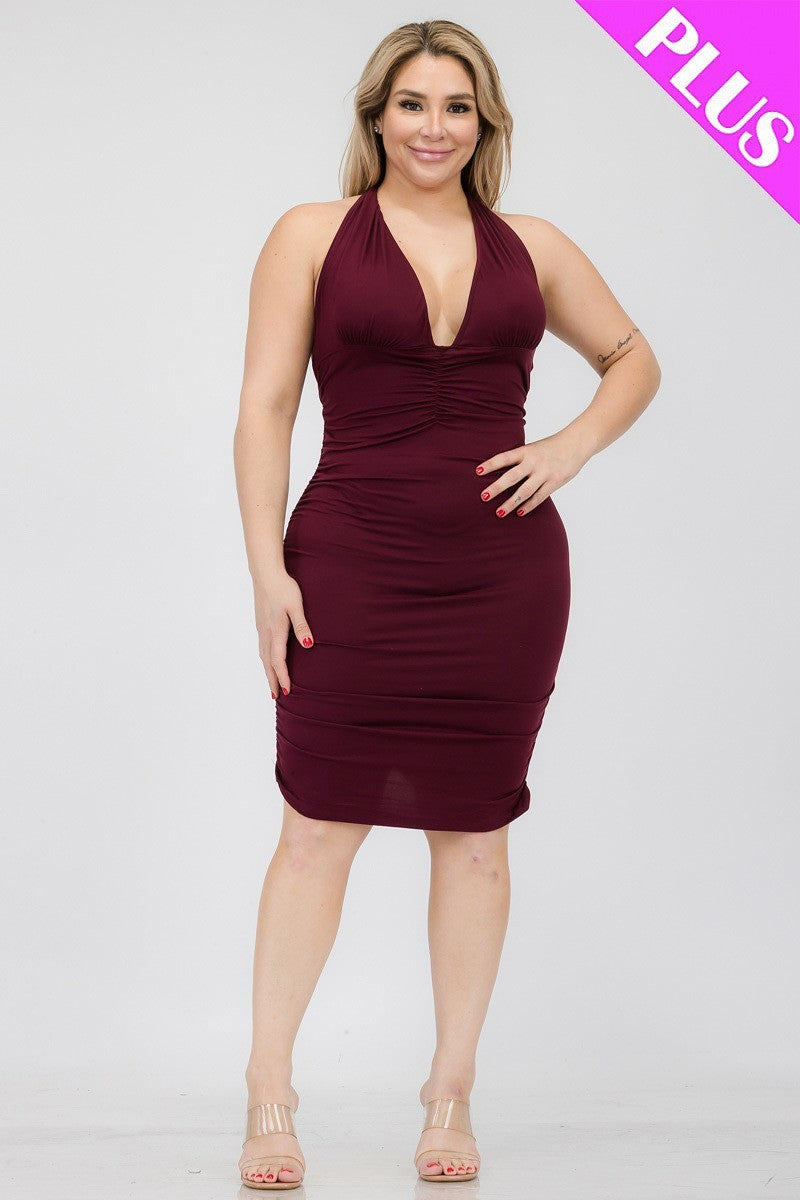 Plus Plunging Neck Crisscross Back Ruched Bodycon Mini Dress